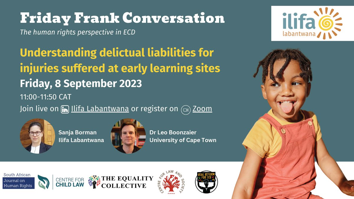 Join the #FridayFrankConversation this week -
@UctLaw's, Leo Boonzaier, will discuss his contribution to the SAJHR Special Issue on the Rights of Children in Early Childhood. His article assesses recent case law on delictual liability for injuries at #ECD sites. Details👇