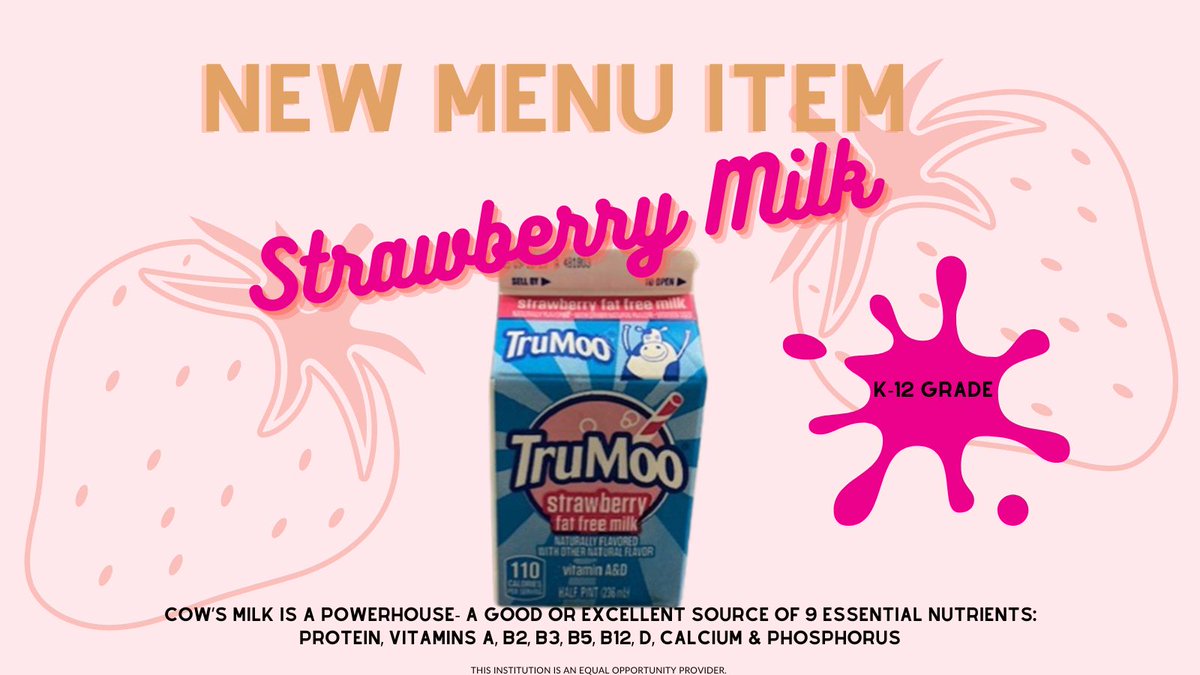 Alief ISD Nutrition Department is pleased to announce we now offer fat free strawberry milk to all kindergarten-12 grade at breakfast & lunch.  Students in grades K-12 will now have a choice between 1% white milk, fat free chocolate & fat free strawberry milk. #DairyAmazing