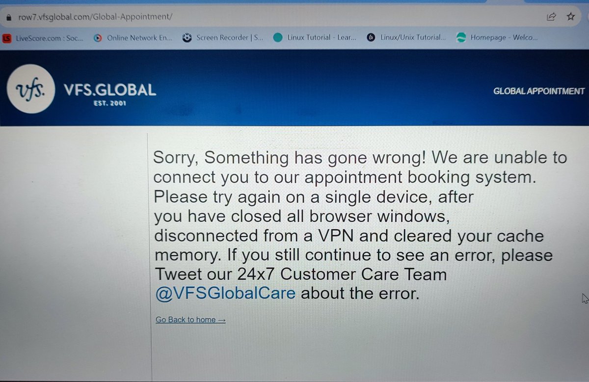 uchekeith's tweet photo. @vfsglobalcare I'm trying to book my appointment but I keep receiving this error message. Kindly reply for assistance. https://t.co/ndrEhvqOGm