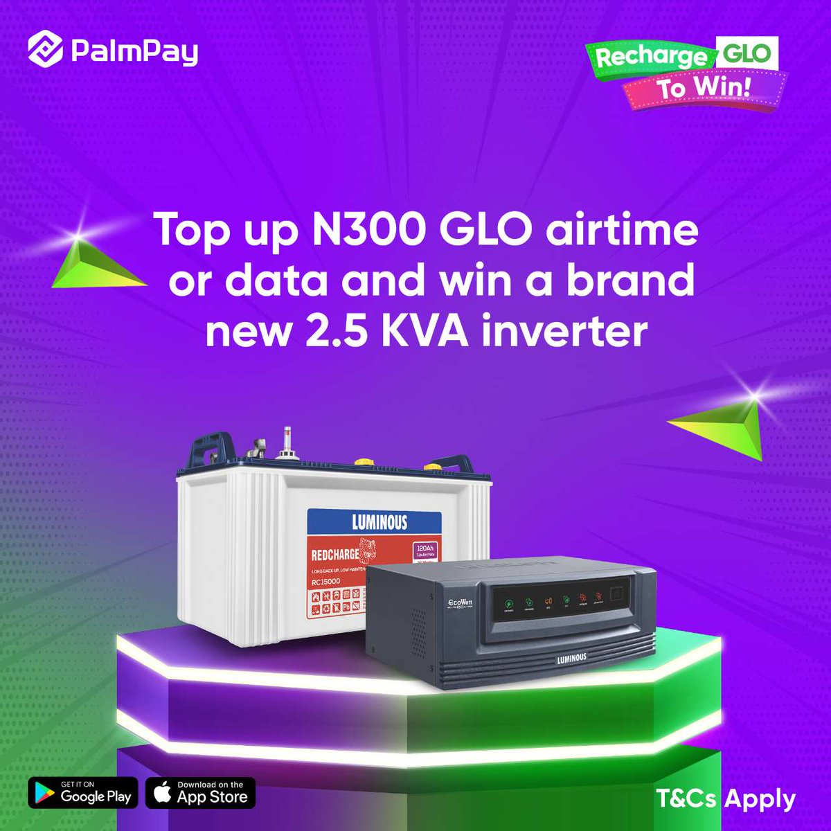 Another week, another amazing offer from PalmPay. Recharge N300 glo airtime today and get 20% off with a chance to win a free Inverter. Do it now at h5.palmpay.app/h5/download?ch… #PalmPayGloBonanza #palmpayexclusivepartnership