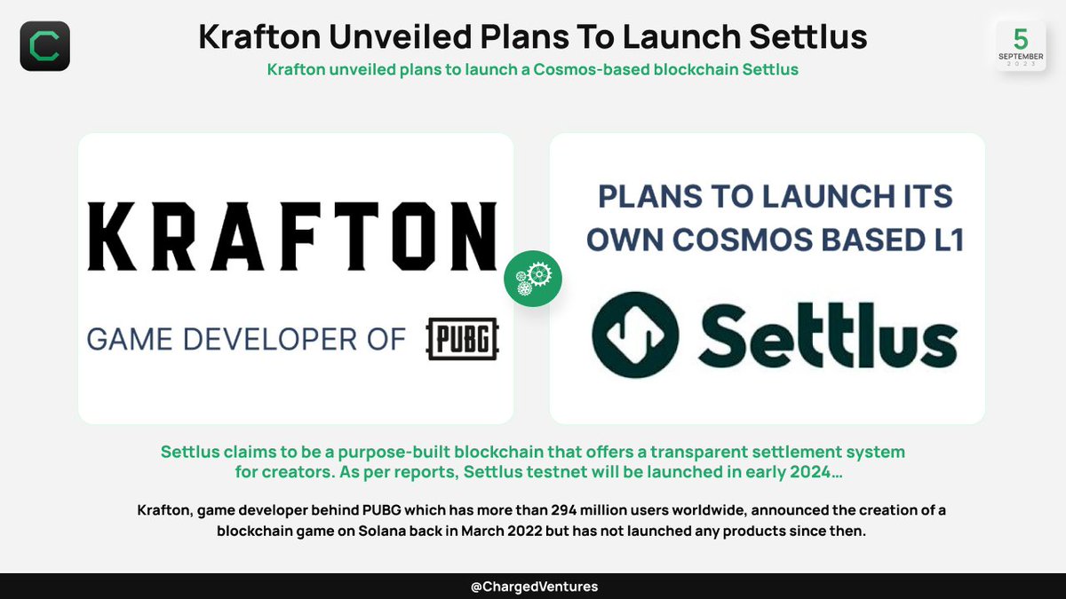 PUBG'nin geliştiricis KRAFTON, Cosmos üzerinde kendi chain'ini geliştiriyor. Testnet 2024 Q1.
settlus.org