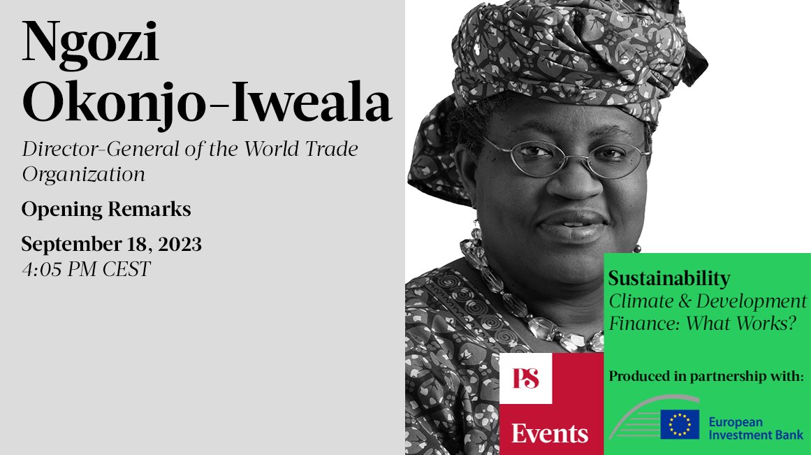 Join DG @NOIweala on 18 Sept at @ProSyn's #ClimateWeekNYC live event to discuss the role of finance and trade in the fight against the #ClimateCrisis and how the WTO can support these global efforts. #PSEvents Register here: bit.ly/45B9g37