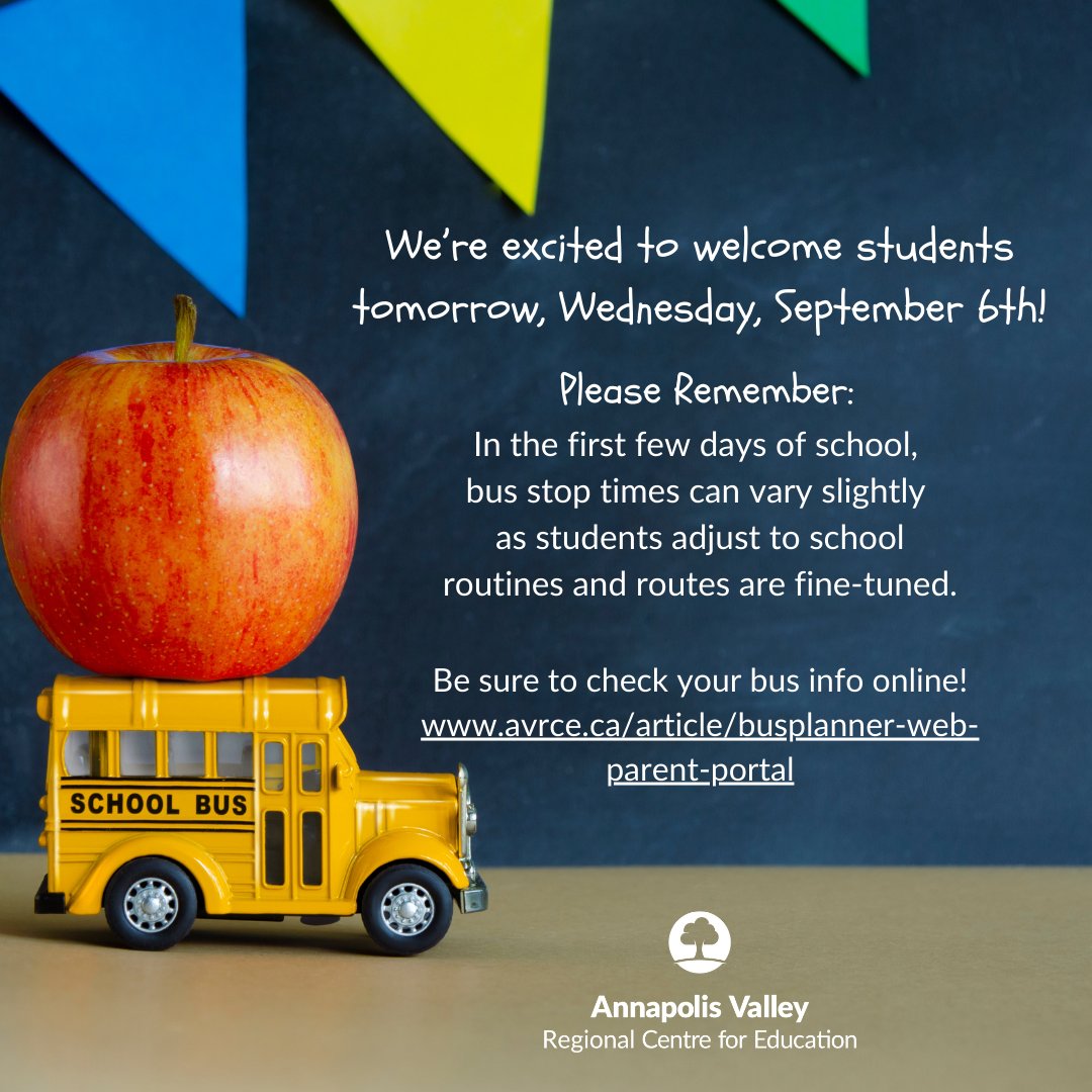 We're so excited to welcome students back to school tomorrow for a  new year of learning and growth!

Remember - bus stop times can vary over the 1st few days, as students adjust to new routines and routes are fine-tuned. 

Be sure to check your bus info! avrce.ca/article/buspla…
