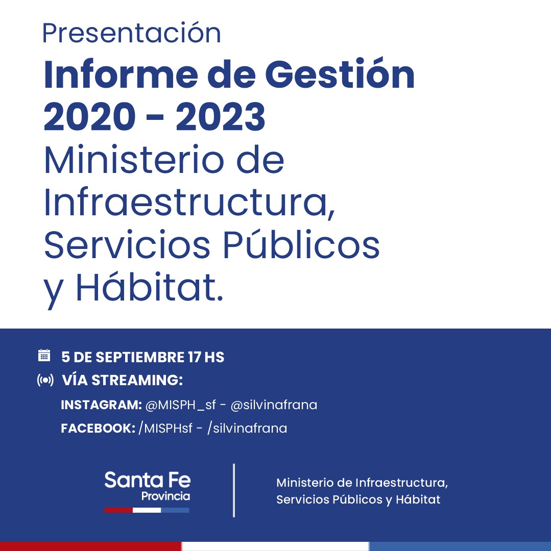 obras_desantafe's tweet photo. PRESENTACIÓN INFORME DE GESTIÓN DEL @MISPHsf

Vía streaming a cargo de la ministra Silvina Frana, quien realizará un repaso de los ejes de su gestión al frente de la cartera de Infraestructura.  

⏰17 hs 
Facebook:@MISPHsf - @silvinafrana
Instagram: @misph_sf - @silvinafrana https://t.co/6eWKr3jVAB