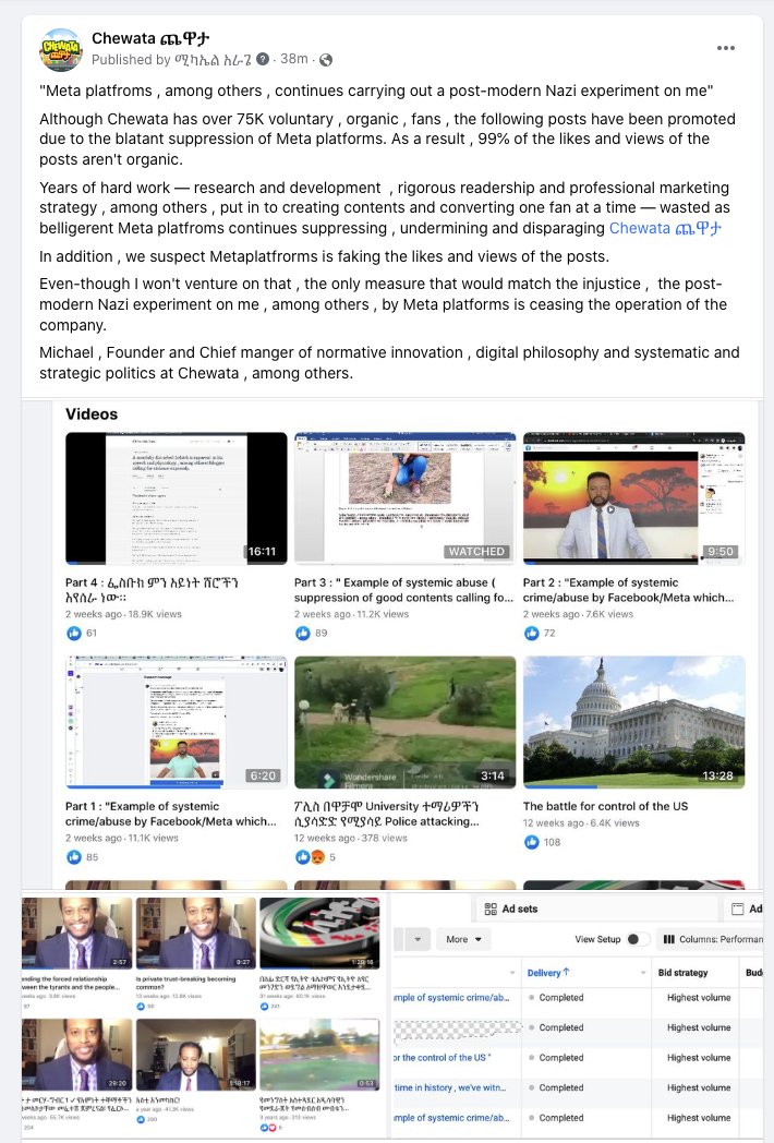 Meta platforms , among others , continues co-creating a post-modern Nazi experiment on me , among others. EU , which I contacted time and again , is reticent deliberately.#Complicit institutions <a href="/amnesty/">Amnesty International</a> <a href="/BBCWorld/">BBC News (World)</a> <a href="/FRANCE24/">FRANCE 24</a> <a href="/CNN/">CNN</a> <a href="/csmonitor/">The Christian Science Monitor</a> <a href="/americamag/">America Magazine</a> <a href="/EU_Commission/">European Commission</a> <a href="/TexasTribune/">Texas Tribune</a>