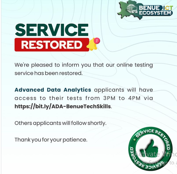 ReuLubem's tweet photo. Applicants for Advanced Data Analytics should use the link below to Access their online Test.
https://t.co/KToxQwlkDk
Goodluck https://t.co/5SdIigcf5M