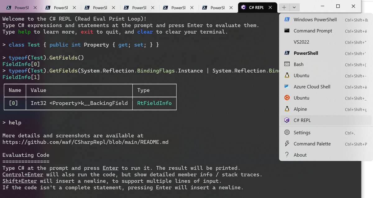 KooKiz's tweet image. A tip from a coworker that seems obvious in hindsight and yet blew my mind: you can add a profile to Windows Terminal to run C# REPL (github.com/waf/CSharpRepl/). Great for quickly testing/prototyping stuff when you have a doubt. #dotnet