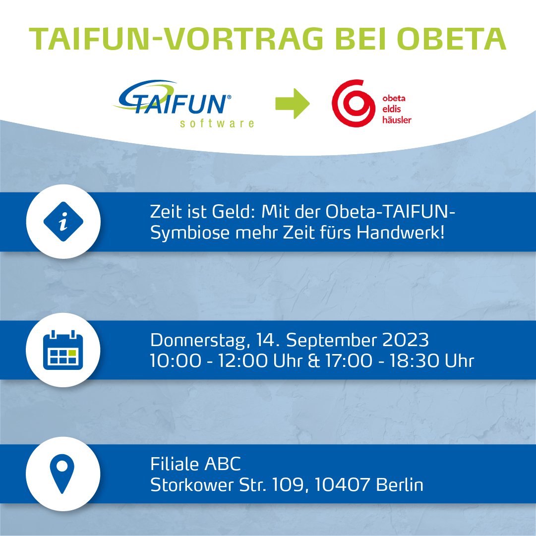 TAIFUN_Software's tweet photo. Taucht noch tiefer in die Welt des Elektrogroßhandels ein und lasst Euch von den Vorteilen beim Zusammenspiel von Obeta und TAIFUN beeindrucken. 🤓Anmeldung über Frau Ziebell (u.ziebell@obeta.de) oder über https://t.co/5uJqOjUQg6. ✅Mehr Infos: https://t.co/s05PJBxdiy https://t.co/2uK1fUxMhp