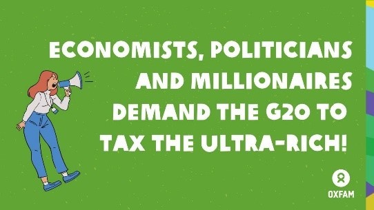 💰 We support a #wealthtax on the ultra-rich! @Oxfam joins millionaires, economists & politicians demanding the #G20Summit to #TaxTheRich. 🚀 Extreme wealth and inequality are skyrocketing with billionaires doubling their wealth in the past decade! 👉oxfam.org/en/press-relea…