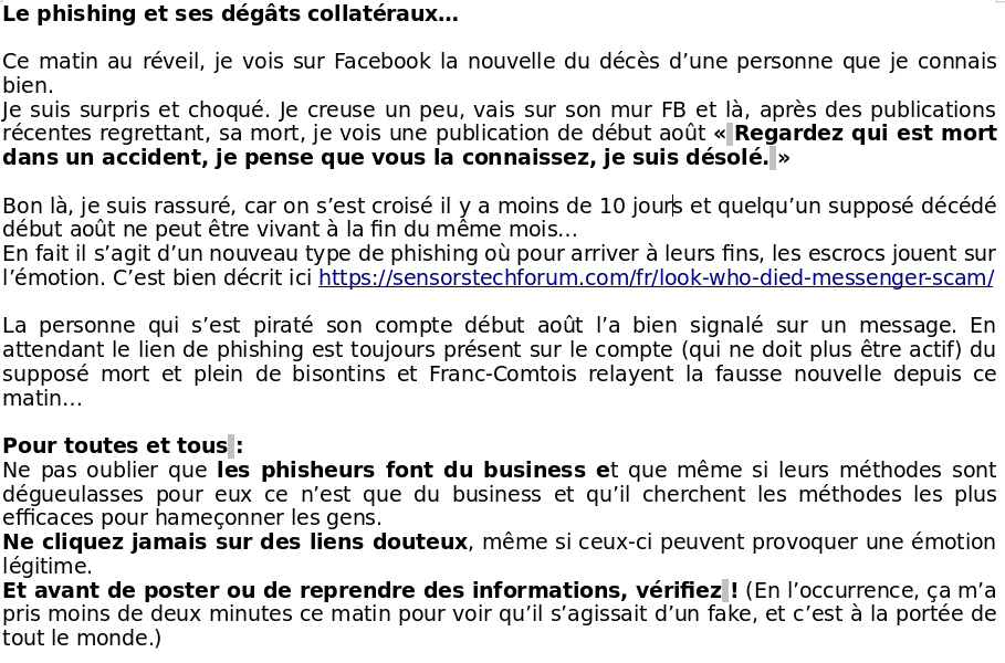 cboutet's tweet photo. Le #phishing et ses dégâts collatéraux…
Désormais les phisheurs jouent sur l'émotion au décès de personnes proches...
Ne pas oublier que les phisheurs font du business et que même si leurs méthodes sont dégueulasses pour eux ce n’est que du business. 
https://t.co/wjmfl0YgvV https://t.co/0ZoWK0gZyp