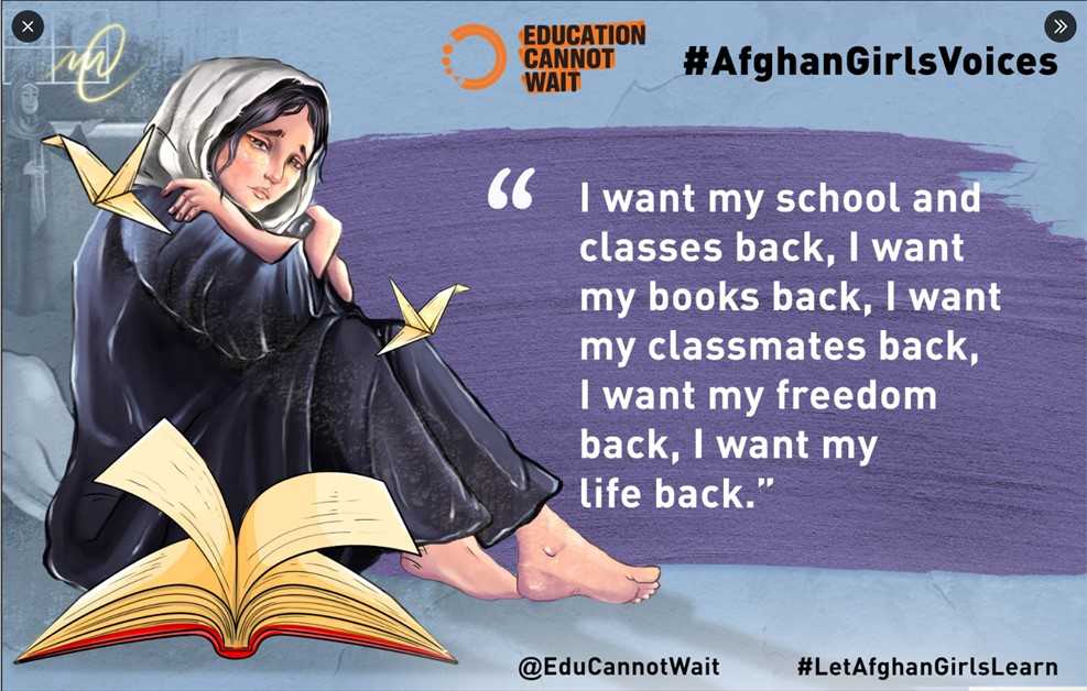 KentPage's tweet photo. "I want my school &amp; classes back, I want my books back, I want my classmates back, I want my freedom back, I want my life back.”

Please retweet to share #AfghanGirlsVoices globally to shine light on 🇦🇫 girls denied their right to education!

👉https://t.co/qUfOsKQzg6 @UN ✨📚 https://t.co/PZ1HACQWjX
