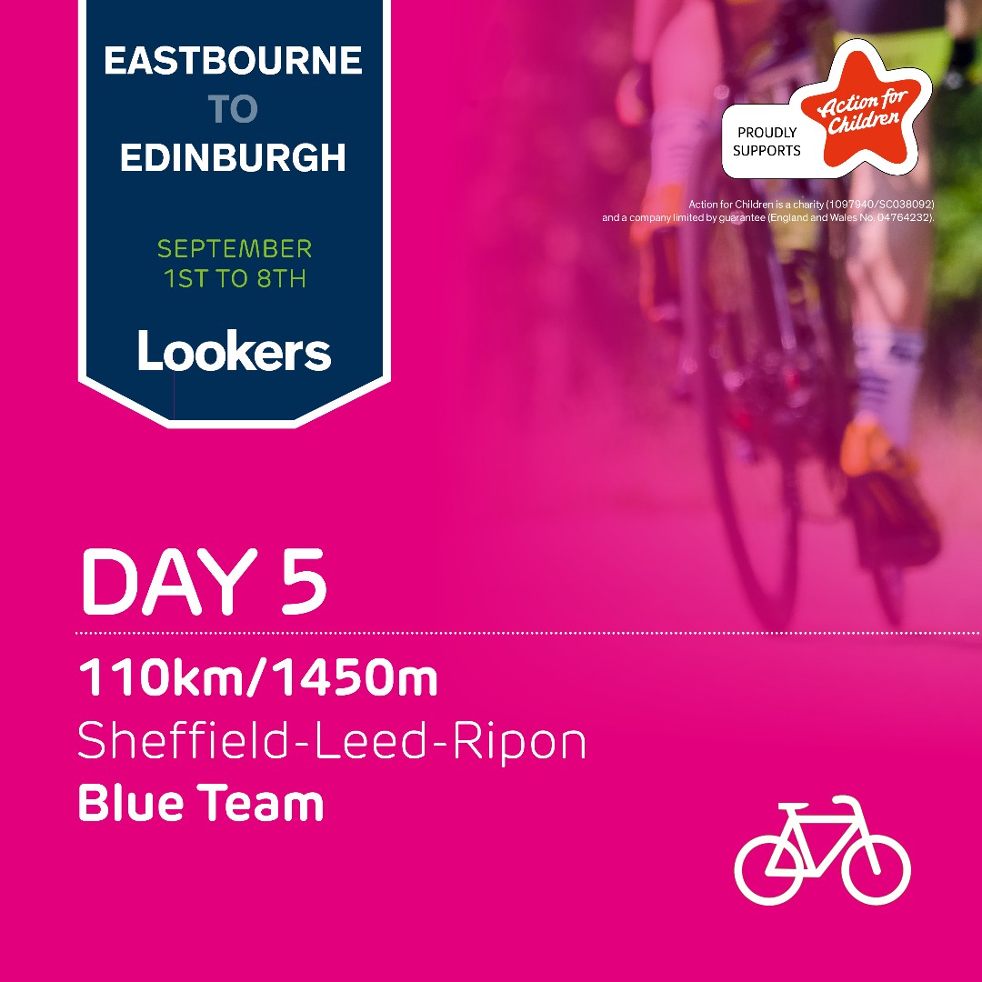 Day Five: Look Out Yorkshire! 🙌 Sheffield To Leeds To Ripon 📍 Blue Team 🔵 110km ✅ 1450m elevation ⛰ We're aiming to raise £100,000 for Action for Children to support their amazing work with children, young people, and their families across the UK. ow.ly/tCNs50PHoZu