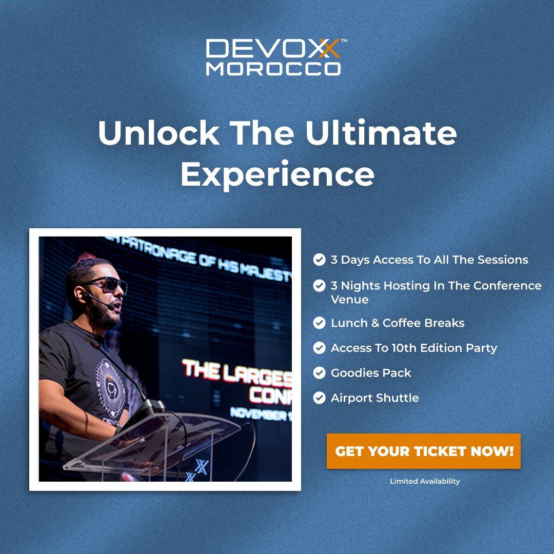 Ready to experience #DevoxxMA on a whole new level? 🚀 Get our VIP Pass and enjoy exclusive perks! ⚡️ LIMITED AVAILABILITY. Don't miss out! Secure yours now: devoxx.ma