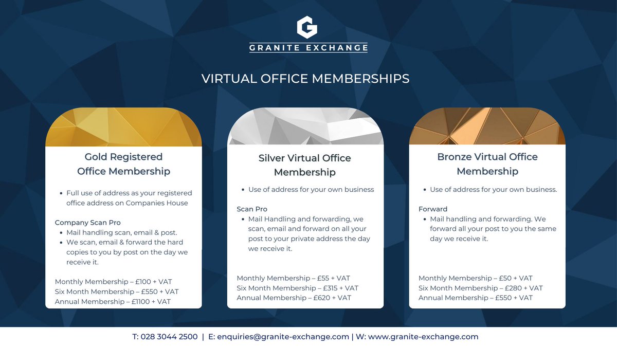 A virtual office is a flexible workspace that allows you to work remotely while having a registered city centre address.

For more information:
Call: 028 3044 2500 
Email: enquiries@granite-exchange.com
