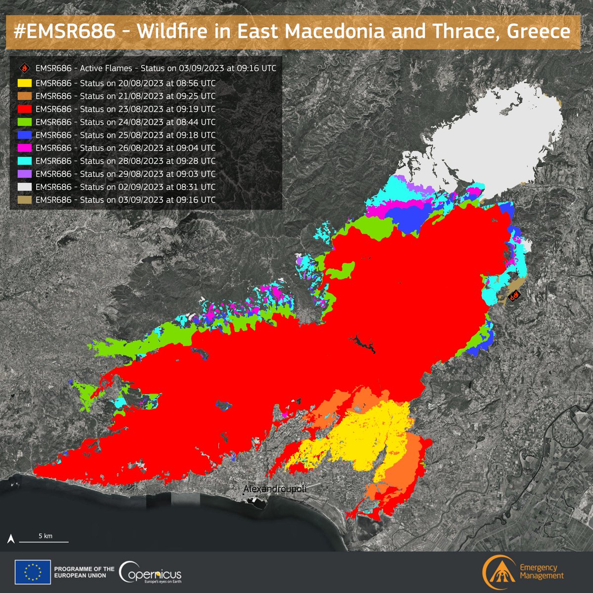 🔴#EMSR686

Our #RapidMappingTeam delivered its 9⃣th Monitoring Product for the historic #wildfire in the #Evros area, in #Greece🇬🇷

🔥A total burnt area of 9⃣3⃣,8⃣8⃣0⃣ ha has been detected (+12,619 ha in 5 days)

Read more in the Situational Reporting👇
rapidmapping.emergency.copernicus.eu/EMSR686/report…