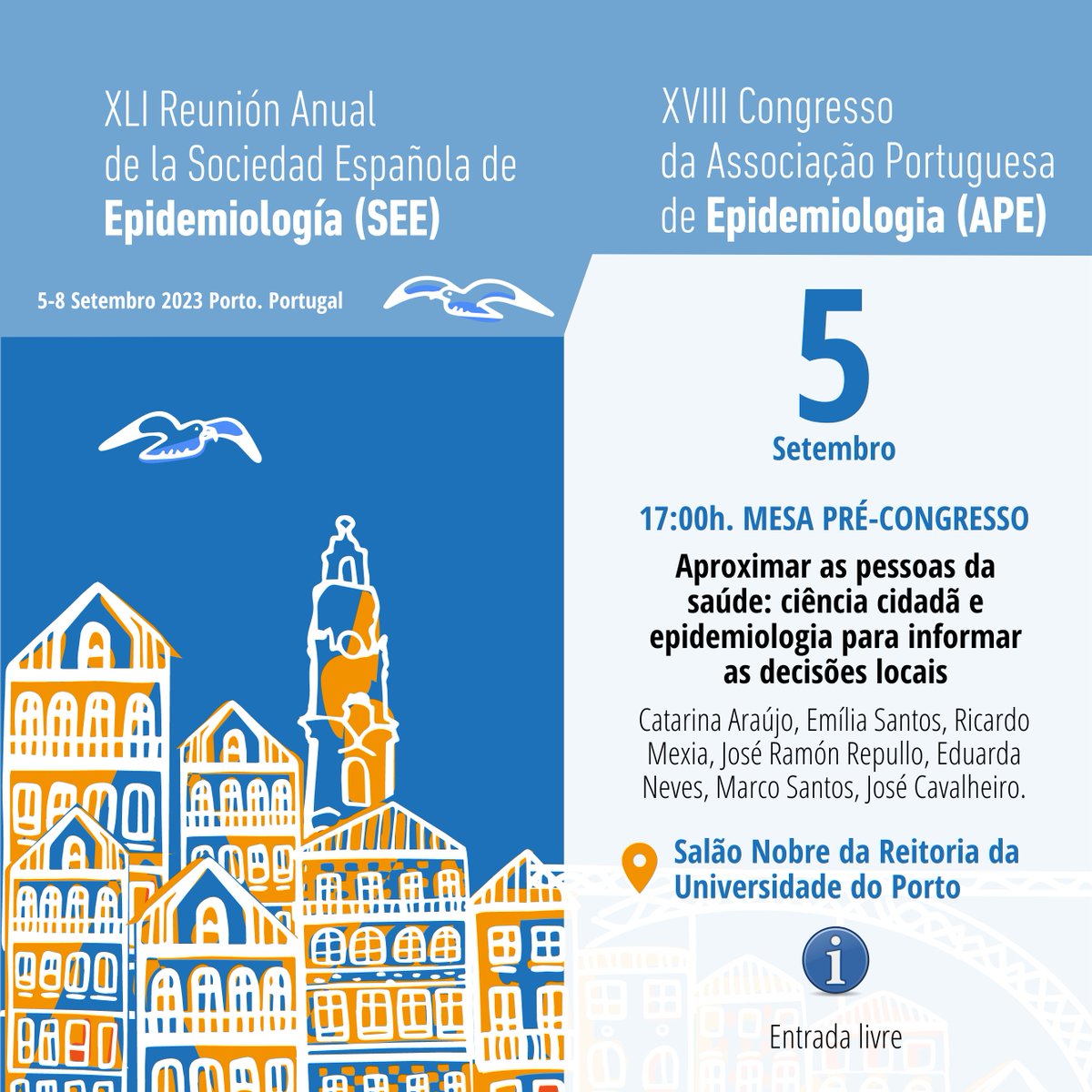 👋Olá Porto! Começa hoje o XLI Encontro Anual da <a href="/seepidemiologia/">SEE</a> e o XVIII Congresso da Associação Portuguesa de Epidemiologia. 🗣️Esperamos por si na mesa aberta "Aproximar as pessoas da saúde".

⌚17:00h
📍Salão Nobre da Reitoria da <a href="/UPorto/">Universidade Porto</a>
---