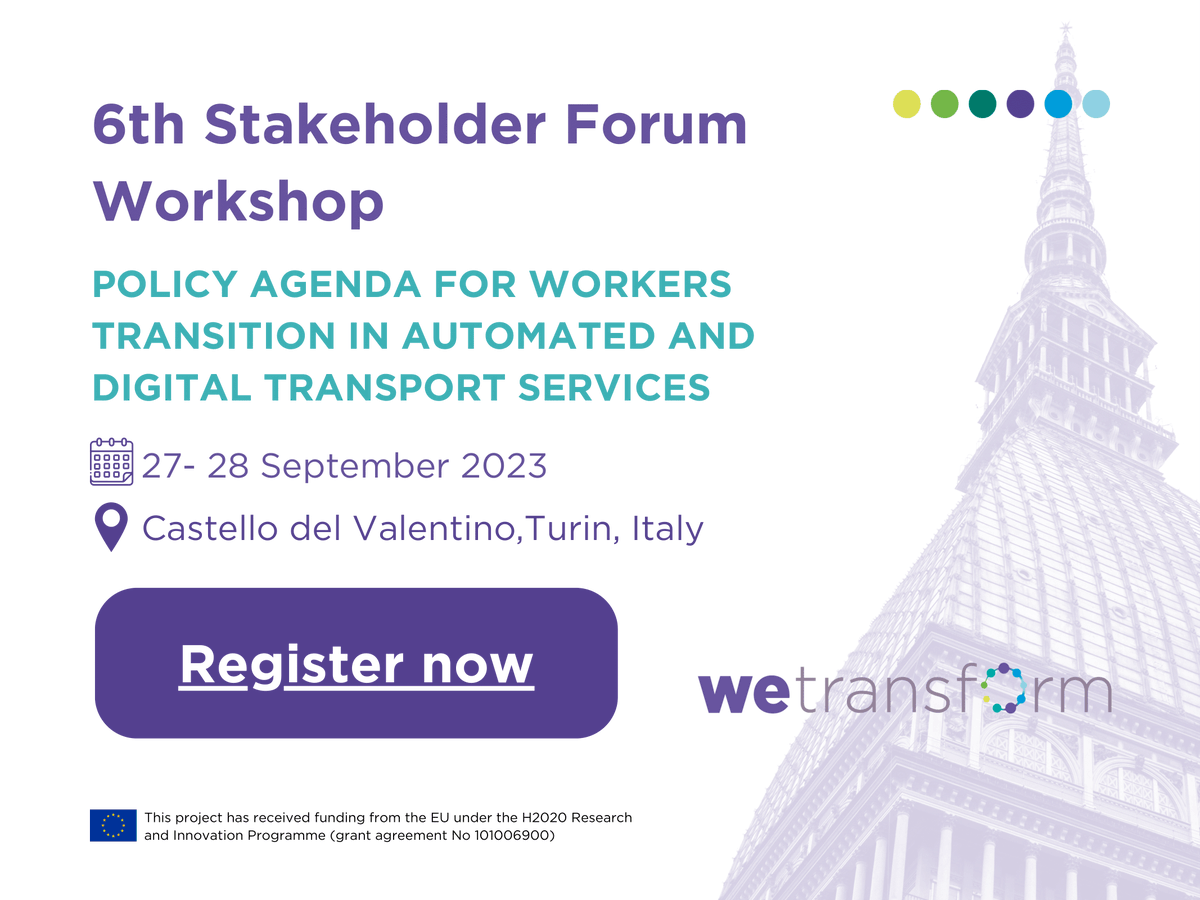 TransformWe's tweet image. How can data be turned into action?

Join in at our #WETRANSFORM  Stakeholder Forum Workshop, 27-28 Sep in Turin 🇮🇹. 

Unite us at @PoliTOnews to chart the sector's road ahead. 🚀🌍

🔗 Register: survey.polito.it/ng/index.php/3…

#TransportTrends #DriveTheFuture