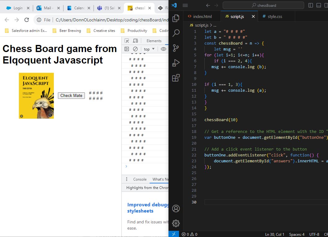 digital_Donn's tweet photo. So far I can only get 2 variables to print on the screen from the chessboard challenge in #eloquentjavascript

Although I'm sure you can store what's in console.log in a variable so maybe my approach for this #javascript challenge is wrong 🤷‍♂️

#100DaysOfCode https://t.co/VTF9mYEoiM