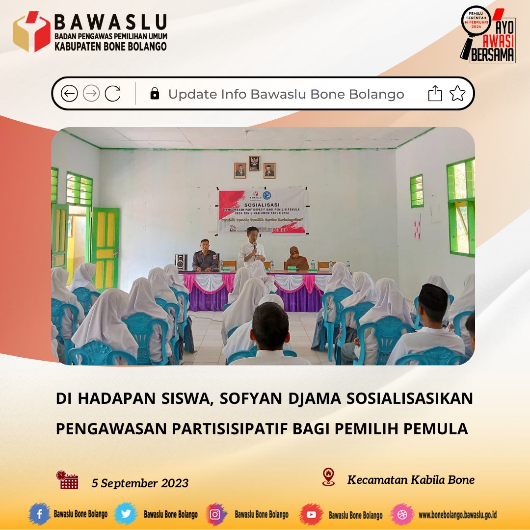BwsBoneBolango's tweet photo. di Madrasah Aliyah Tsanawiyah Nurul Bahri Desa Biluango Kecamatan Kabila Bone, Ketua Bawaslu Kabupaten Bone Bolango Sofyan Djama menjadi pemateri dalam Sosialisasi Pengawasan Partisipatif dengan tema “Pemilih Pemula Pemilih Cerdas Berintergritas” (05/08/2023). https://t.co/30SeRETUMv