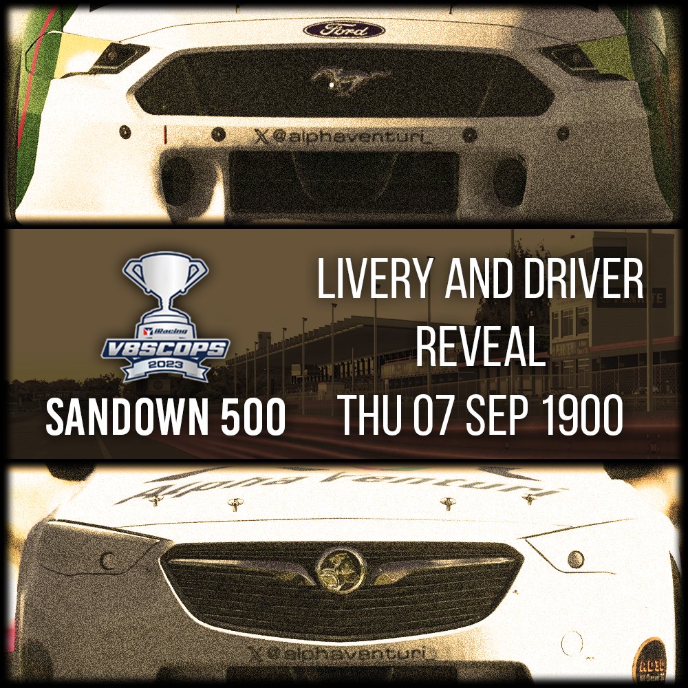/ / UPCOMING SANDOWN 500 / / 

Our upcoming V8 SCOPS Sandown 500 liveries and enduro driver lineup will be unveiled on September 7!

Stay tuned! 

📸/🎨 <a href="/PreachDesign/">PREACH DESIGNS</a>