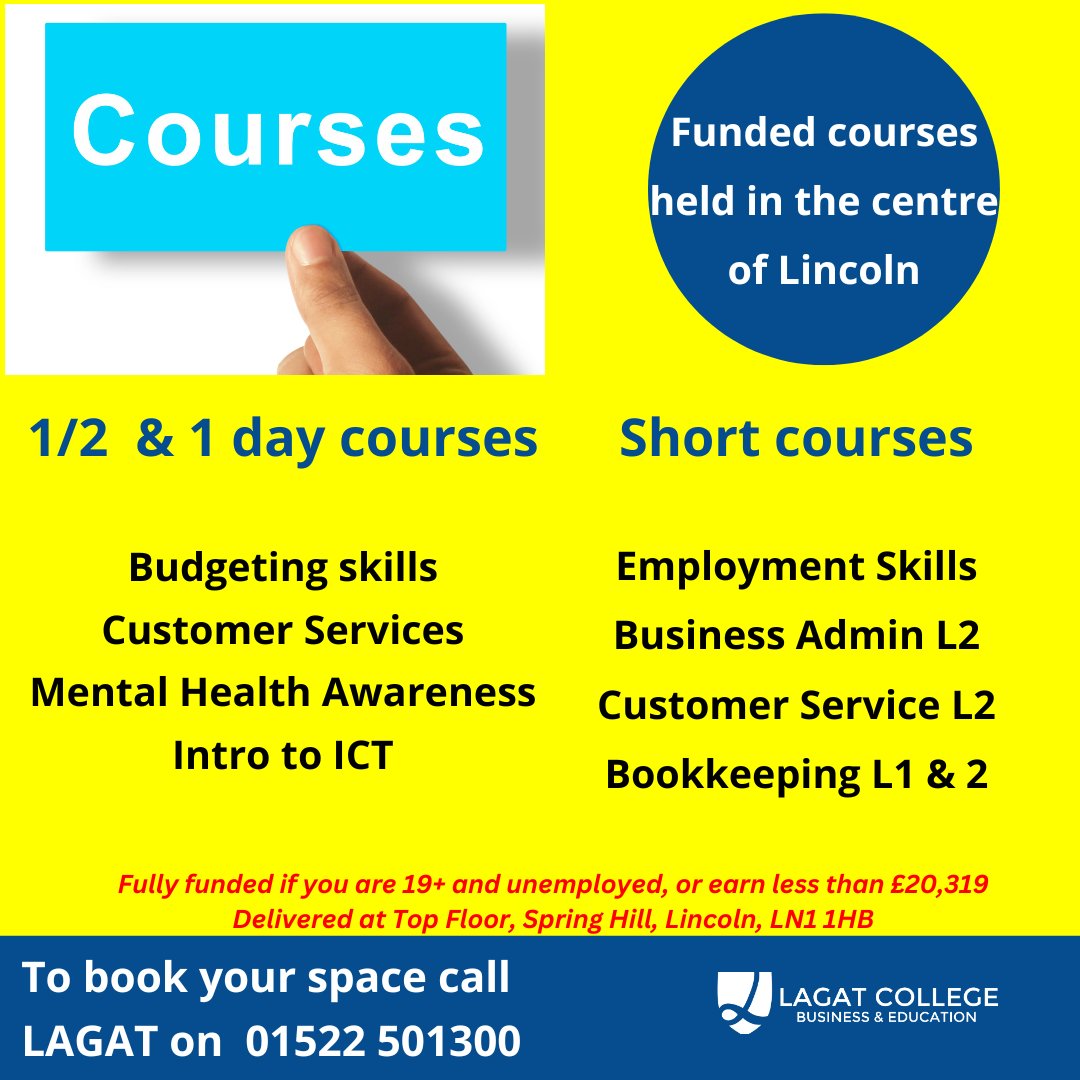 Are you looking to upskill yourself or your #team? Our range of #funded courses could help.
Fully funded if you earn under £20,319 or 50 % funded if you earn over this amount
DM us / call 01522 501300 to enrol 
#businessadmin #bookkeeping #customerservice #training #Lincoln