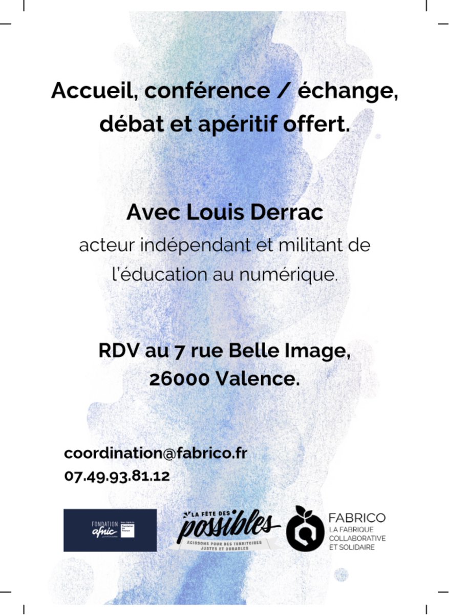 Le #tierslieu Fabrico vous invite au lancement de La Librithèque : Le numérique, comment en est-on arrivé là ? en <a href="/VilledeValence/">Valence</a>  
📅 𝐒𝐚𝐦𝐞𝐝𝐢 09/09 𝐝𝐞 𝟗𝐡𝟑𝟎 𝐚̀ 𝟏𝟏𝐡𝟑𝟎, 𝐬𝐮𝐢𝐯𝐢 𝐝'𝐮𝐧 𝐚𝐩𝐞́𝐫𝐨
👉 7, rue Belle Image à Valence
Infos 📩 coordination@fabrico.fr