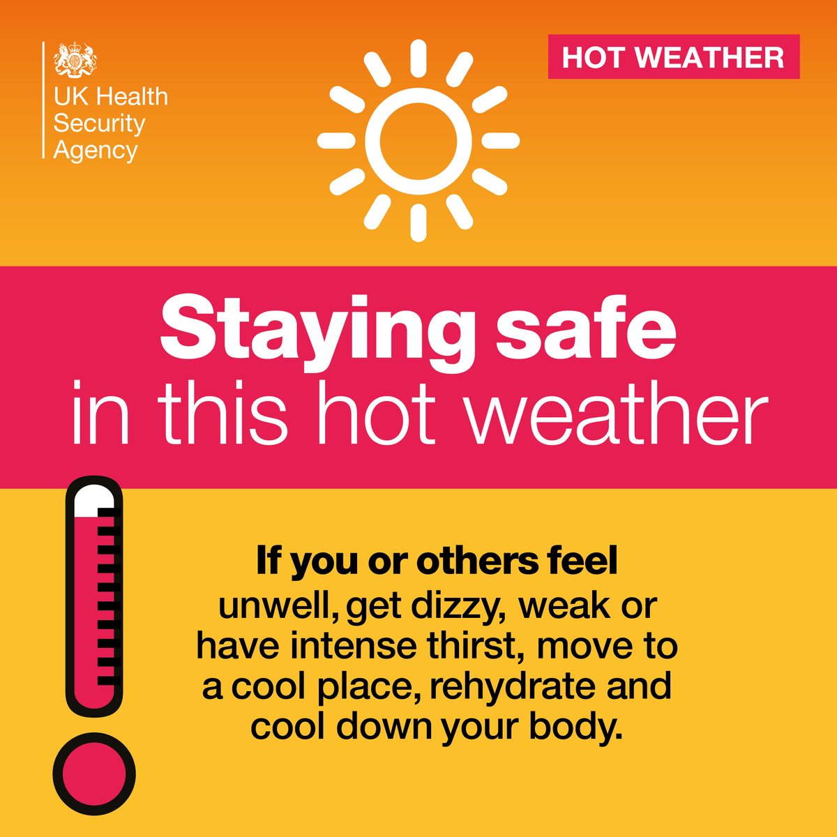 Staying safe in this hot weather
If you, or others, feel unwell, dizzy, weak or have intense thirst, move to a cool place, rehydrate and cool down your body.
#WeatherAware 
#BeattheHeat