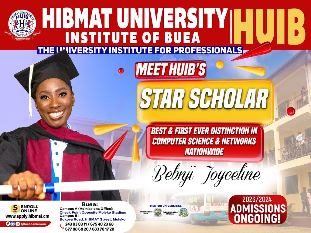 HuibCameroon's tweet photo. 🎉Introducing....Bebnji Joyceline of the Computer Science and Networks Department of HUIB Cameroon.

Did you know since the creation of HND in Cameroon no candidate has ever had a DISTINCTION in Computer Science &amp; Networks? All best candidates have had Upper Credit and below https://t.co/0R8tGUzsc0