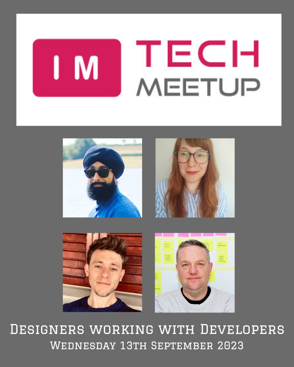 <a href="/IM_TechMeetup/">IM Tech Meetup</a> Wed 13th Sept 6-8pm(GMT) Online. Topic- #Designers working with #Developers

Speakers- <a href="/KSRuprai/">Kultar Singh Ruprai</a> <a href="/SeanUK/">Sean Johnson ⚡️</a> <a href="/jpsear/">James Sear</a> Dominika P

Signup-
EventBrite eventbrite.com/e/im-tech-meet…
LinkedIn linkedin.com/events/imtechm…

#webdeveloper #developer #design #UX

Sponsored <a href="/Kontent_ai/">Kontent.ai</a>🙌🏾