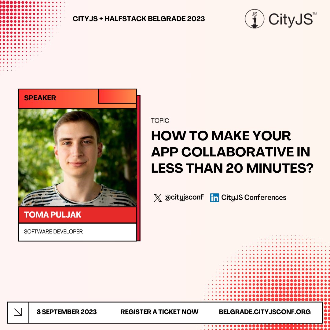 cityjsconf's tweet photo. Don't miss @TomaPuljak talk this Friday at CityJS + @halfstackconf #Belgrade!
Discover how to make your app collaborative in just 20 minutes or less. 🚀
#CityJS #HalfStackBelgrade #CollaborativeApps #TechTalks
Get your tickets now
https://t.co/ElgZMqnYgi https://t.co/jrm2t7Tz0x