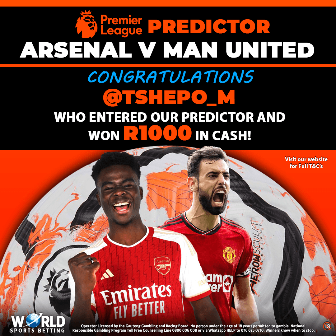 WorldSportsBet's tweet photo. #Predictor! πβ½π
And the winner is...
CONGRATS to Tshepo_M who correctly predicted the correct score #ARSENAL vs #MANUNITED Premier League game.
Thank you to everyone who entered. Next Predictor coming soon!
#WinningWithWSB #BetWithTheBest #PeoplesBookie https://t.co/T0DZ7pehNf