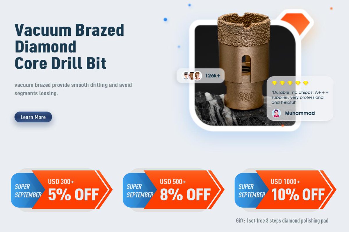 Huazuantools's tweet image. For sales in September.
#diamondcorebit #diamondwiresawbead #diamondprofilewheel
For details, please check link: huazuantool.en.alibaba.com/.../Latesteven…...
If you are interesting, please contact us by whatsapp +86 15905012435 or email export@huazuantool.com