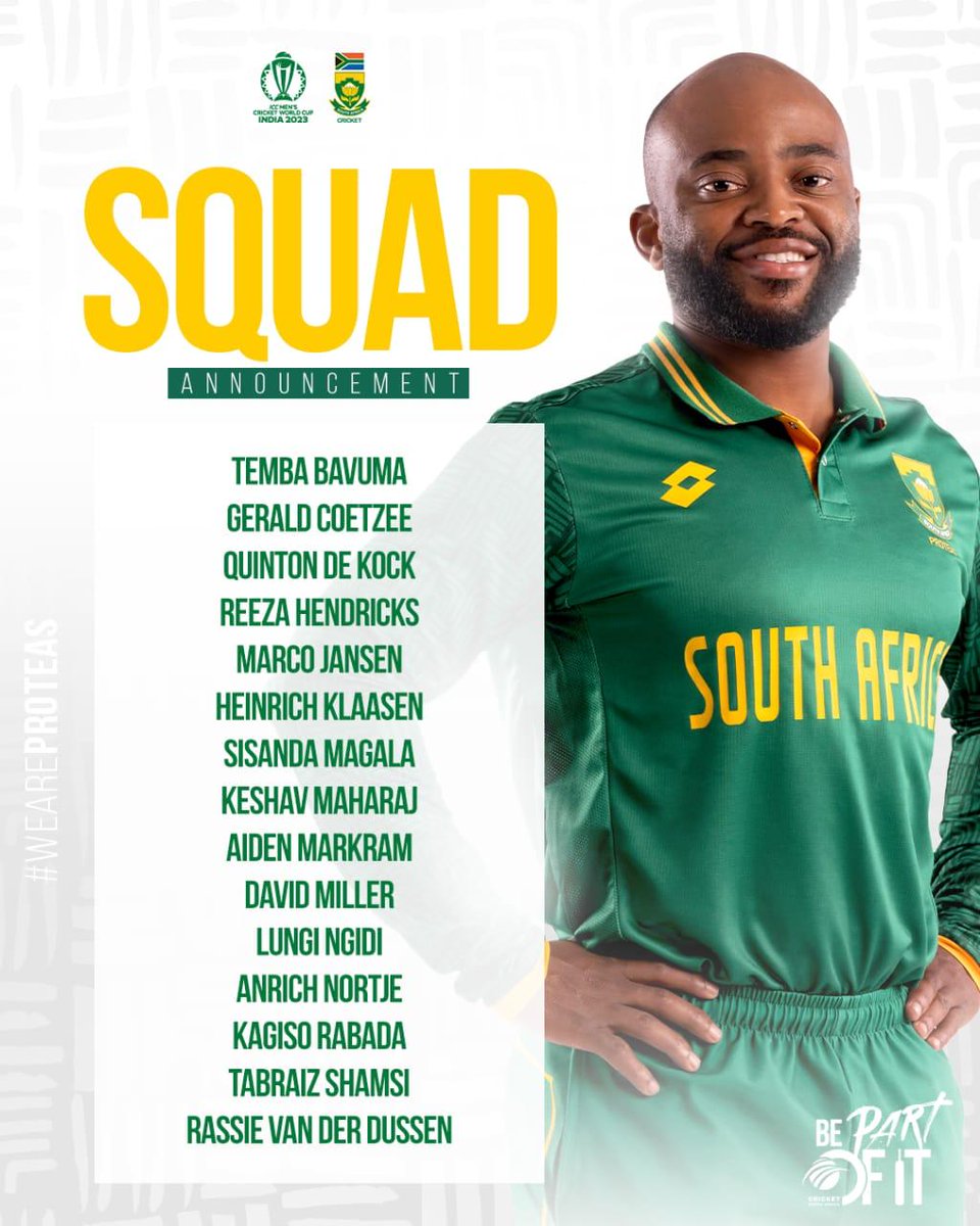 Proteas name ODI World Cup squad led by captain Temba Bavuma ....This World Cup will be played in India from 5 October to 19 November ......