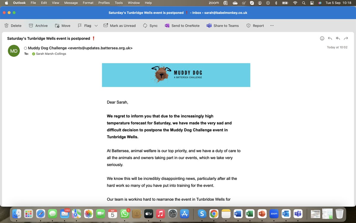 smarshcollings's tweet image. @Battersea_ RTW #MuddyDogChallenge has been postponed due to heat. It&apos;s being rescheduled for October &amp;amp; we&apos;ll still be there! Thank you to everyone who has supported us so far: please keep spreading the word - more time for us to fundraise! #BBunker
