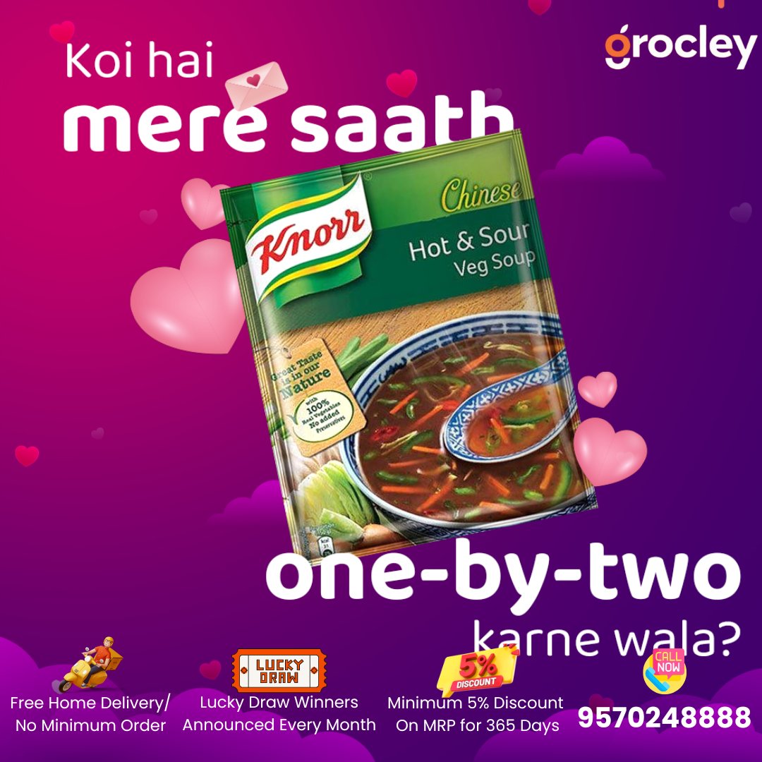 Grocley2's tweet photo. Soup is the perfect blend of tangy and spicy. 🌶️🥢 
So why wait? Grab your phone and dial 9570248888 to order your bowl of Knorr Hot and Sour Soup now! 📞 

#SoupLovers #HotAndSourDelight #GrocleySuperMarket #DhanbadFoodies #CallToOrder #dhanbad https://t.co/Y5t5l7tpuS