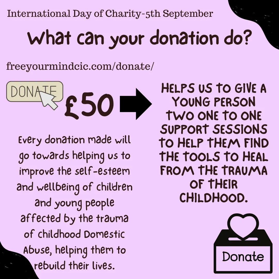 Every donation made will go towards helping us to improve the wellbeing of children  affected by the trauma of childhood Domestic Abuse, helping them to rebuild their lives. To help us continue to support children affected please donate to the link below
freeyourmindcic.com/donate/