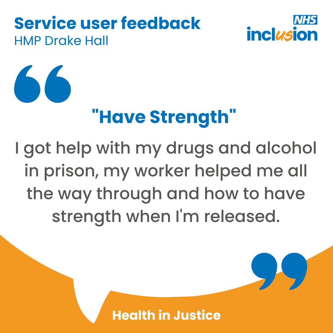 Inclusion_NHS's tweet photo. "Have Strength"

We are proud of the the high quality services we provide within health in justice settings. Read this person's experience of our services at HMP Drake Hall 👇

#WhyWeDoWhatWeDo https://t.co/QlTtHBcQ9I