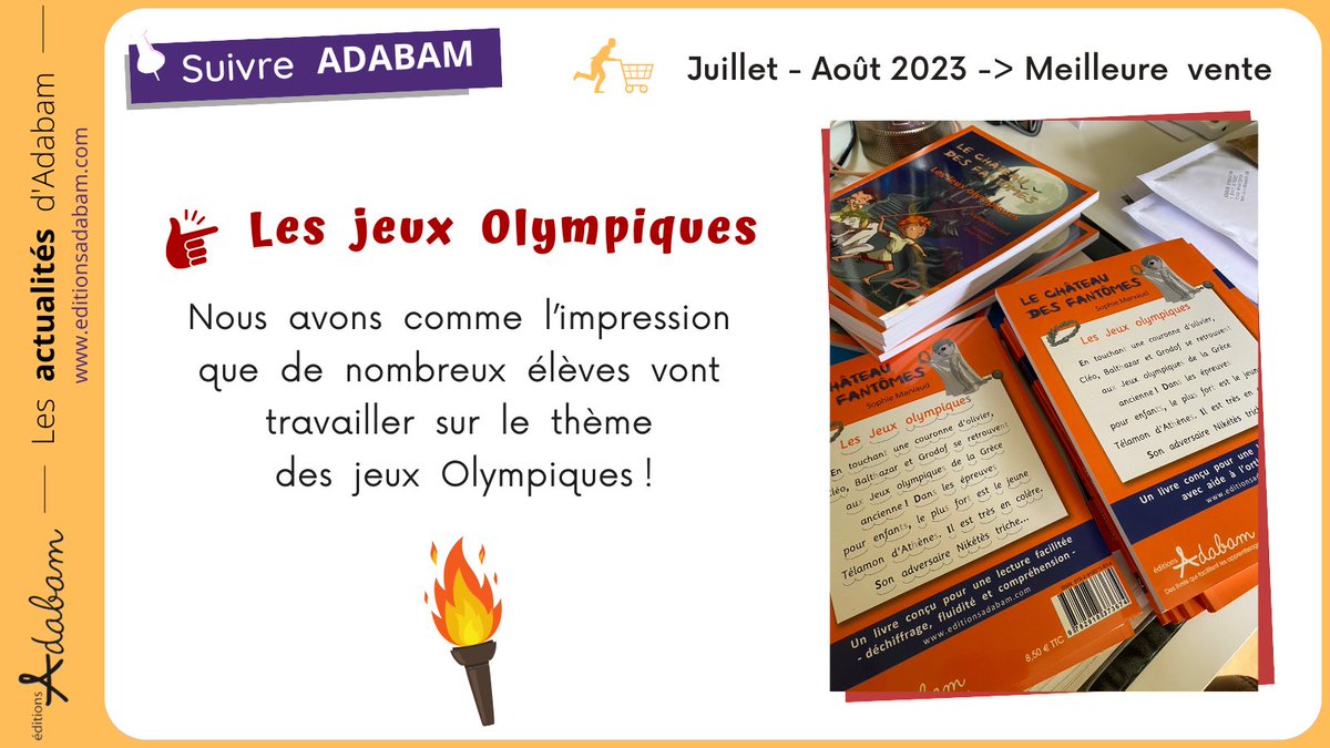 🥇 Meilleure vente : LES JEUX OLYMPIQUES, version adaptée avec découpage syllabique ou version accessible.
🥈2nd place : THE LIFEBOAT, roman court en anglais abordant le thème de l’immigration et des réfugiés.
#Adabam #dys #TSLA #ecoleprimaire #college #ief #jeuxolympiques #lire