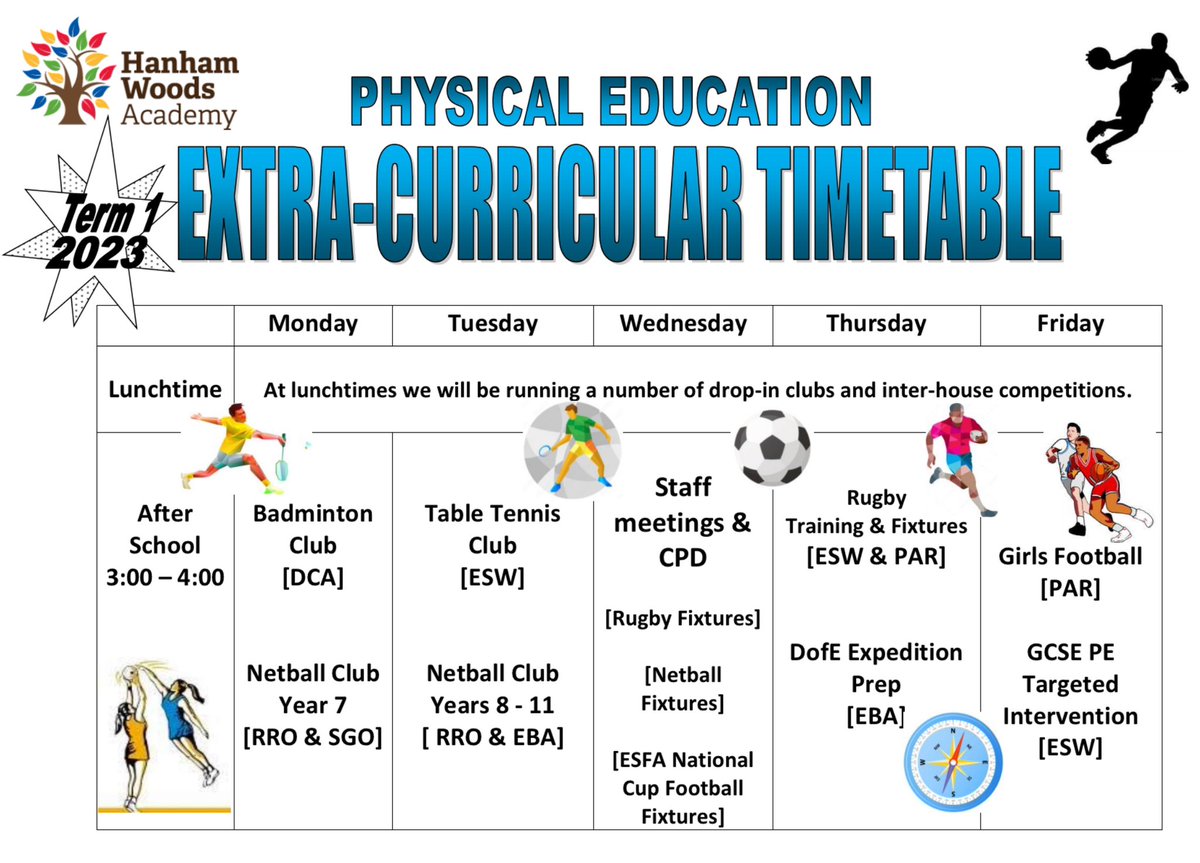 Hanham Woods PE (@hanhampe) on Twitter photo We’re really excited to welcome our students back & to launch our new extracurricular timetable for Term 1. Please come along, get involved & make new friends! All clubs are free & everyone is invited to join in! #TeamHanham #GetInvolved <a href="/HanhamWoods/">Hanham Woods Academy 🏳️🌈</a> <a href="/Cabotfederation/">Cabot Federation</a> We’re really excited to welcome our students back & to launch our new extracurricular timetable for Term 1. Please come along, get involved & make new friends! All clubs are free & everyone is invited to join in! #TeamHanham #GetInvolved <a href="/HanhamWoods/">Hanham Woods Academy 🏳️🌈</a> <a href="/Cabotfederation/">Cabot Federation</a>