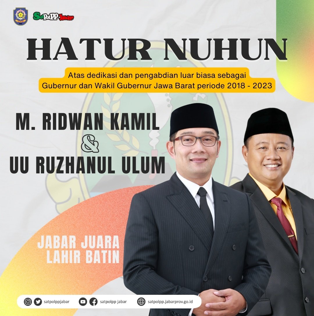 SELAMAT
Atas pelantikan Pejabat (PJ.) Gubernur Provinsi Jawa Barat, Bey Triadi Machmudin, S.E., M.T.

DAN TERIMA KASIH🤗
yang sebesar-besarnya kami ucapkan kepada Dr. (H.C.) M. Ridwan Kamil, S.T., M.U.D. serta Uu Ruzhanul Ulum, S.E. atas dedikasi yang diberikan untuk Jawa Barat.