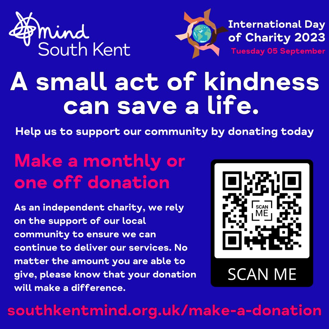 SouthKentMind's tweet photo. Getting the right support for your mental health can be life changing. This #InternationalDayofCharity help us to support people in our community who may be struggling with their mental health and wellbeing by making a small donation at: https://t.co/ROLQxKQ3PS 🤝 #charityday https://t.co/JC4Rh5r9Lj