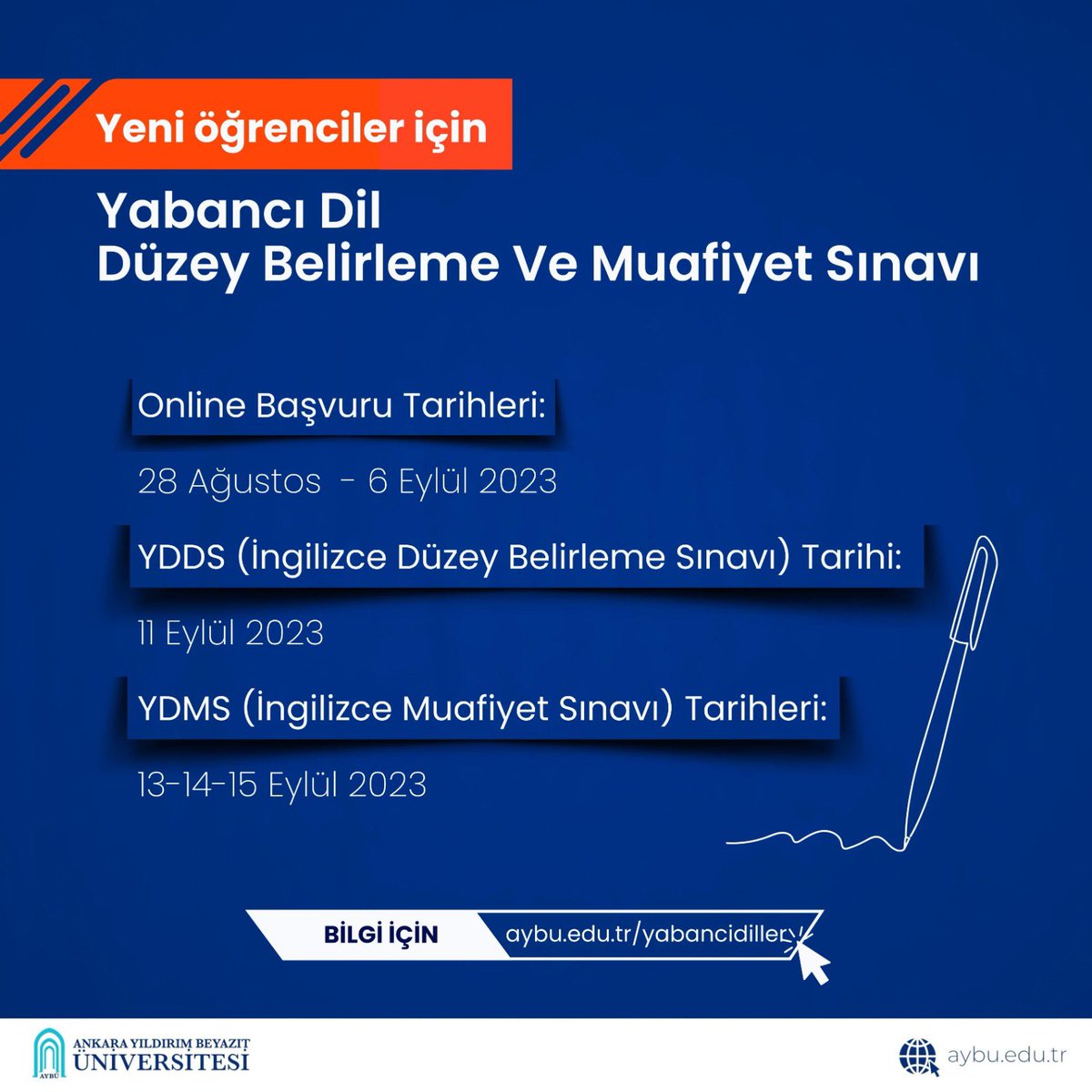 AYBÜ ailesine yeni katılan öğrencilerimiz için İngilizce Yabancı Dil Düzey Belirme Sınavı (YDDS) ve Yabancı Dil Muafiyet Sınavı (YDMS) yapılacaktır.

🚨Son başvuru tarihi: 6 Eylül 2023

Detaylı bilgi ve başvuru için: 👇

aybu.edu.tr/yabancidiller/…

<a href="/acengizkoseoglu/">Ali Cengiz Köseoğlu</a> <a href="/yabdilybu/">AYBÜ - YABANCI DİLLER YÜKSEKOKULU</a>