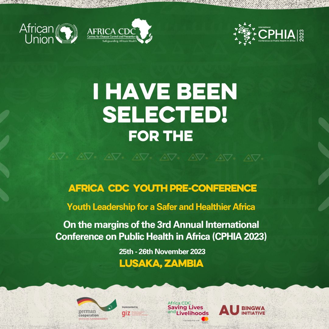 I’m glad to have been selected to attend the #YPC2023 on the margins of CPHIA2023, happening on the 25th & 26th of November in Lusaka, Zambia, under the theme: Youth Leadership for a Safer & Healthier Africa.
@AUBingwa @CPHIA_AfricaCDC

#YPC2023  #CPHIA2023 |#NewPublicHealthOrder