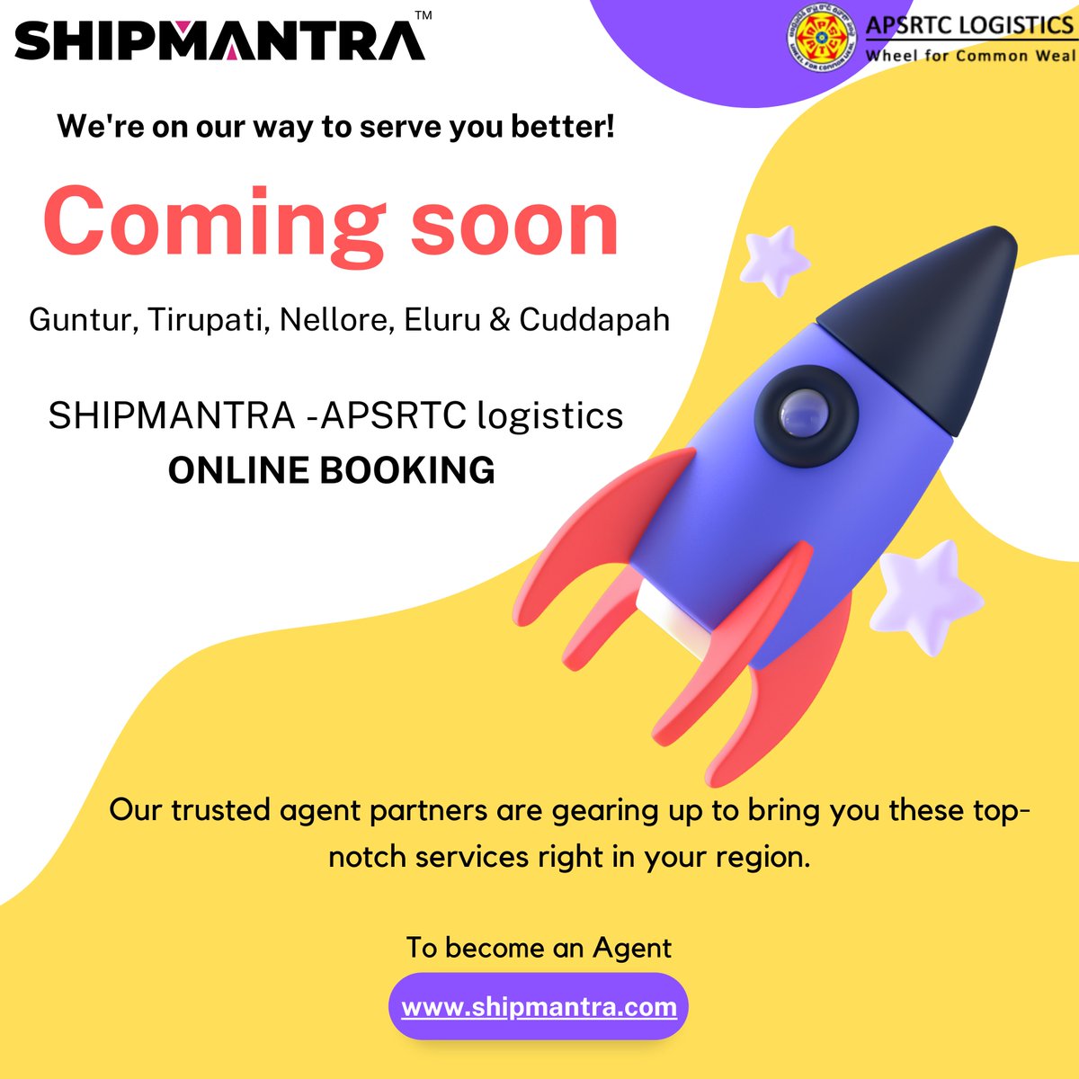 shipmantra's tweet photo. We are coming to serve you,

SHIPMANTRA - APSRTC logistics online booking with door pick and door delivery services will be available in your region soon.

Our esteemed agent partners will be available in your region to offer these services

Stay tuned !!!!!

To become our agent please reach us out @ https://t.co/zxIh5UiS7A

#APSRTC #logistics #doordelivery #onlinebooking
