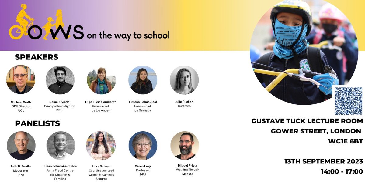 Delighted to share the first in-person seminar for the 'On the Way to and from School Project (OWS)'! 

Join us on Wednesday, September 13, 2023, 2:00 pm–5:00 pm BST

Wilkins Gustave Tuck Lecture Theatre, UCL 
Gower Street, London, WC1E 6BT

Register: bit.ly/OWS-S1
