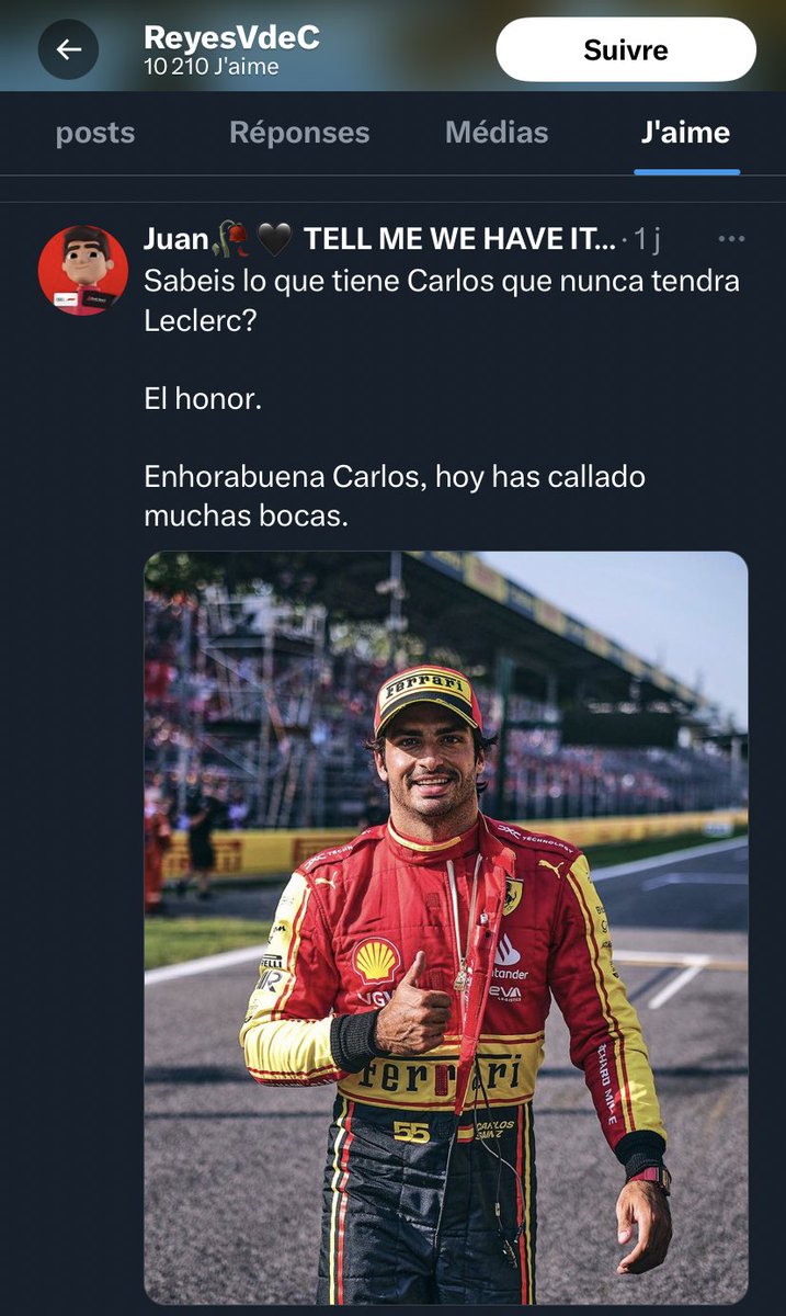 LeSprintEdition's tweet photo. 🥶. petit drama à venir chez Ferrari ? 

la Maman de Carlos Sainz Jr a aimer un tweet dans lequel il est écrit « vous savez ce que Carlos a et qu’il (Leclerc) n’aura jamais ? 

l’honneur ». 

et bien devinez quoi ? Charles Leclerc a, indirectement répondu, en aimant à son tour un tweet qui lui répond directement au tweet que la Maman de Carlos a aimé, dans lequel il est tout simplement écrit « honneur » avec une photo de la victoire du pilote Monégasque à Monza en 2019. 

voilà la petite histoire amusante du jour ! 😅

#F1