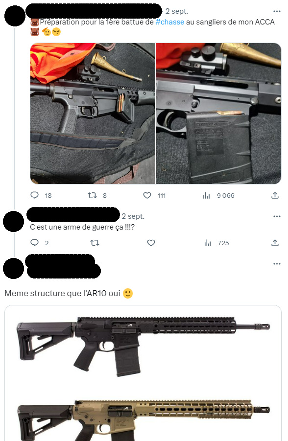 Voici un type d'arme que vous pourrez rencontrer dans nos campagnes dès l'ouverture de la #chasse.

Les chasseurs contestent souvent quand les associations alertent sur le danger des armes de chasse "équivalentes à des armes de guerre" mais ils le reconnaissent pourtant ici.