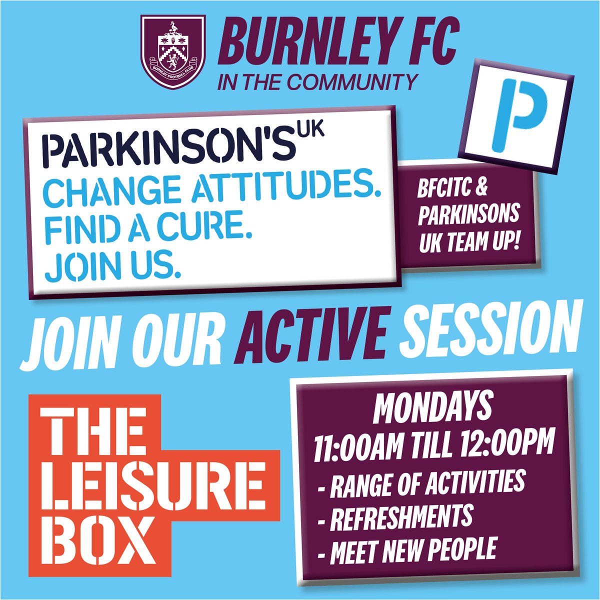 Burnley FC in the Community (@burnleyfc_com) on Twitter photo We are delighted to be teaming up with <a href="/ParkinsonsUK/">Parkinson's UK</a> to launch our new active sessions for people living with Parkinson's.
This session includes a range of activities and is a great environment to meet new people ☕️
Join us every Monday, 11am-12pm at <a href="/TheLeisureBox/">The Leisure Box</a> 🙌 We are delighted to be teaming up with <a href="/ParkinsonsUK/">Parkinson's UK</a> to launch our new active sessions for people living with Parkinson's.
This session includes a range of activities and is a great environment to meet new people ☕️
Join us every Monday, 11am-12pm at <a href="/TheLeisureBox/">The Leisure Box</a> 🙌