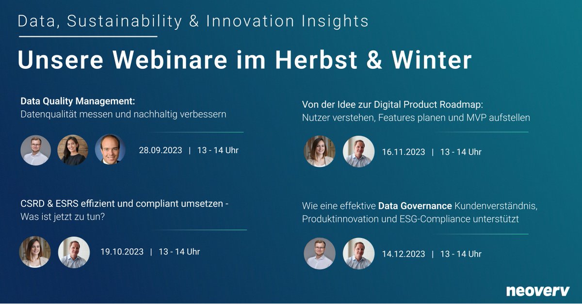 neoverv's tweet photo. 👉Hier gehts zu unseren Webinaren: 
28.09.: Data Quality Management - https://t.co/QtS2KVZ0ZT
19.10.: CSRD &amp; ESRS -  https://t.co/wiyns3MtDR 
16.11.: Digital Product Roadmap - https://t.co/jMBM0VR0zM
14.12.: Data Governance für Kunden, Innovation und ESG - https://t.co/qmT9QfRyRv https://t.co/7Z6qpQJ8cU