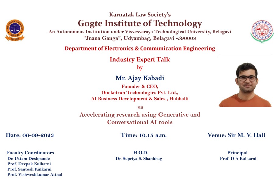 klsgitbelagavi's tweet image. Join us on 6th &amp;amp; 7th Sep at 10.15 AM, Sir M V Hall for insights on Generative and conversational AI tools with Mr. Ajay Kabadi @AjaySKabadi94, CEO, @DocketrunTech, Hubballi. A must for faculty and students looking to enhance research!
#KLSGIT #DocketRunTech #AIinResearch
